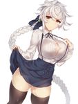  alternate_costume ass_visible_through_thighs asymmetrical_hair black_legwear bow braid breasts bursting_breasts button_gap casual cowboy_shot hair_between_eyes hair_bow impossible_clothes jitome kantai_collection large_breasts lifted_by_self light_smile long_hair long_sleeves looking_at_viewer meme_attire panties shirt silver_hair single_braid skindentation skirt solo suspender_skirt suspenders suspenders_pull thighhighs thighs underwear unryuu_(kantai_collection) very_long_hair virgin_killer_outfit white_panties white_shirt yamaarashi yellow_eyes 