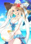 akariko beach bikini blue_bikini blue_eyes blush bow breasts cleavage day fate/grand_order fate_(series) hat hat_bow highres long_hair looking_at_viewer marie_antoinette_(fate/grand_order) marie_antoinette_(swimsuit_caster)_(fate) medium_breasts open_mouth sarong silver_hair smile solo swimsuit twintails 