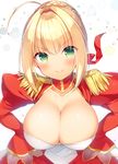  ahoge blonde_hair braid breasts cleavage collarbone commentary_request crown_braid dress epaulettes eyebrows_visible_through_hair eyes_visible_through_hair fate/extra fate_(series) green_eyes hair_ribbon hands_on_hips huge_breasts juliet_sleeves long_sleeves looking_at_viewer nero_claudius_(fate) nero_claudius_(fate)_(all) puffy_sleeves red_ribbon ribbon sazaki_ichiri short_hair smile smug solo upper_body v-shaped_eyebrows 