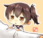  1girl admiral_(kantai_collection) artist_name bangs blush brown_eyes brown_hair chibi commentary_request eyebrows_visible_through_hair highres japanese_clothes kaga_(kantai_collection) kantai_collection long_sleeves looking_at_viewer minigirl orange_background outline parted_lips side_ponytail simple_background taisa_(kari) triangle_mouth white_outline 