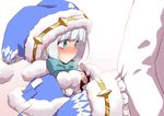  blue_eyes blush bow coat flower_knight_girl fur_trim hat hatsuyukisou_(flower_knight_girl) light_blue_hair mizunashi_(second_run) sleeve_tug 