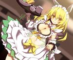  apron blonde_hair breasts cleavage collarbone flower_knight_girl large_breasts long_hair looking_at_viewer maid maid_apron maid_headdress mizunashi_(second_run) solo suiren_(flower_knight_girl) waist_apron yellow_eyes 