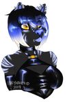  2018 anthro big_lips blue_hair breasts cat clothed clothing digital_drawing_(artwork) digital_media_(artwork) ear_piercing eyelashes facial_piercing fancharacter feline female fredkakes front_view fur glowing gradient_hair hair hi_res latex_clothing lip_piercing lips mammal medium_breasts multicolored_hair piercing portrait signature simple_background smile solo striped_fur stripes tiger 