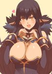  black_dress black_hair breasts cleavage commentary_request detached_sleeves dress fate/apocrypha fate/grand_order fate_(series) fur_trim gold_trim large_breasts long_hair looking_at_viewer pointy_ears semiramis_(fate) smile solo very_long_hair yellow_eyes yostxxx 
