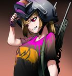  blonde_hair fingerless_gloves gloves gradient gradient_background grin gun hand_on_headwear hand_up helmet makemake original playerunknown's_battlegrounds red_eyes rifle sharp_teeth shirt short_sleeves smile sniper_rifle solo t-shirt teeth upper_body weapon weapon_on_back welding_mask 