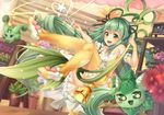  :d ahoge alraune_(p&amp;d) bare_shoulders bell breasts dress flower green_eyes green_hair indoors long_hair looking_at_viewer medium_breasts midair open_mouth orange_legwear panties pantyshot plant plant_girl potted_plant puzzle_&amp;_dragons sign smile solo thighhighs underwear very_long_hair wand yuzutosen 
