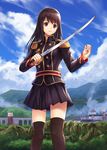  aqueduct bad_id bad_pixiv_id bangs black_hair black_legwear brown_eyes cityscape cowboy_shot day epaulettes from_below highres holding holding_weapon long_hair long_sleeves looking_at_viewer lunacle military military_uniform mountain original outdoors pleated_skirt skirt solo sword thighhighs uniform weapon zettai_ryouiki 