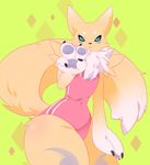  2017 4_fingers :&lt; anthro black_sclera blue_eyes clothing digimon eyebrows female fur fur_markings hand_on_leg looking_at_viewer markings moiyablochki_(artist) renamon solo swimsuit thick_thighs v_sign yellow_fur 