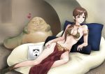  1girl armlet boots breasts brown_eyes brown_hair cleavage collar commentary_request cosplay earrings hair_over_shoulder heart highres idolmaster idolmaster_cinderella_girls jabba_the_hutt jewelry light_blush long_hair looking_at_viewer lying medium_breasts navel nitta_minami on_side pelvic_curtain pillow pleiades_(sting7712) ponytail princess_leia_organa_solo princess_leia_organa_solo_(cosplay) smile star_wars stormtrooper 