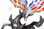  2016 absurd_res ambiguous_gender antlers blue_horn cervine detail feral hi_res horn legendary_pok&eacute;mon long_tail looking_away mammal multicolored_horn nintendo nude orange_horn pok&eacute;mon pok&eacute;mon_(species) purple_horn quadruped red_horn restricted_palette shiny signature simple_background solo sparkling spikes traditional_media_(artwork) video_games white_background xerneas 新世界 