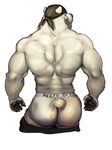  2017 5_fingers anthro back_muscles bandanna bear black_claws black_nose briefs butt claws clothed clothing english_text fur hi_res humanoid_hands male mammal muscular muscular_male nightterror pants_down partially_clothed rear_view simple_background small_tail solo text tighty_whities topless torn_clothing triceps underwear vein veiny_muscles white_background white_fur white_tail white_underwear 