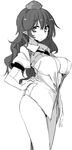  arm_at_side bangs between_breasts breasts cleavage collared_shirt eyebrows_visible_through_hair greyscale hand_on_hip hat himekaidou_hatate kamukamu_(ars) large_breasts long_hair looking_at_viewer monochrome necktie necktie_between_breasts no_bra no_pants panties pointy_ears puffy_short_sleeves puffy_sleeves shirt short_sleeves simple_background solo standing tokin_hat touhou underwear white_background wing_collar 