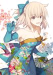  bare_shoulders blonde_hair blue_dress blue_gloves breasts collarbone dress elbow_gloves eyebrows_visible_through_hair fate/grand_order fate_(series) floral_background floral_dress floral_print flower formal gloves hair_ribbon highres koha-ace looking_at_viewer medium_breasts nikame okita_souji_(fate) okita_souji_(fate)_(all) open_mouth ribbon short_hair signature smile solo yellow_eyes 