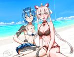  blue_hair blue_sky breasts cleavage cloud commentary_request day horns io_(pso2) long_hair looking_to_the_side matoi_(pso2) medium_breasts multiple_girls navel norman_(shiohama_workshop) open_mouth orange_eyes phantasy_star phantasy_star_online_2 short_hair sky swimsuit 