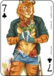  2018 abs anthro card clothed clothing digital_media_(artwork) english_text feline flower fonyaa fur gardener gloves holding_object looking_at_viewer male mammal muscular muscular_male navel orange_fur pecs plant playing_card shirt simple_background smile solo standing striped_fur stripes text tiger white_background 