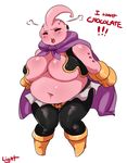  ! 2015 alien belly big_belly big_breasts blush breasts cape clothing crossgender dialogue dragon_ball dragon_ball_z english_text eyes_closed female hi_res huge_breasts humanoid lightsource majin majin_buu navel nipple_bulge noseless not_furry overweight overweight_female pink_skin simple_background solo text white_background 