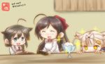  3girls :d ^_^ ^o^ ahoge artist_name blonde_hair blue_eyes braid brown_hair chibi closed_eyes commentary_request dated dessert food hair_flaps hair_ribbon kantai_collection kappougi long_hair mamiya_(kantai_collection) multiple_girls open_mouth red_ribbon remodel_(kantai_collection) ribbon shigure_(kantai_collection) single_braid smile sparkle taisa_(kari) twitter_username yuudachi_(kantai_collection) 