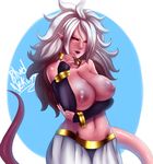  &gt;:d 1girl ahoge android_21 areolae baggy_pants bandeau black_nails black_sclera blindhunter99 bracelet breasts cleavage dragon_ball dragon_ball_fighterz earrings harem_pants hoop_earrings jewelry large_breasts long_hair looking_at_viewer majin_android_21 nail_polish navel nipples pants pink_skin pointy_ears red_eyes smile solo tail topless very_long_hair white_hair 
