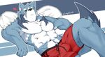  2017 5_fingers abs absurd_res anthro biceps black_nose canine clothed clothing fur hi_res kamyuelo kemono male mammal muscular muscular_male pecs simple_background topless wolf 