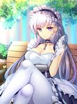  agekichi_(heart_shape) apron azur_lane belfast_(azur_lane) bench braid breasts chain cleavage collar crossed_legs day eyebrows_visible_through_hair french_braid frilled_apron frills gloves large_breasts long_hair maid_apron maid_headdress outdoors pantyhose purple_eyes silver_hair sitting solo tree white_apron white_gloves white_legwear 