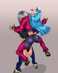  2girls angel_(kof) ass bearhug blue_hair blush breasts constricted_pupils fingerless_gloves from_behind gloves king_of_fighters kula_diamond long_hair looking_at_viewer multiple_girls open_mouth pain panties pants purple_eyes ryona screaming shiny shiny_clothes shiny_hair short_hair sideboob silver_hair soramin tears the_king_of_fighters tongue very_long_hair 