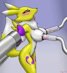  2018 anthro black_sclera blue_eyes blush breast_milking breasts chameloshi digimon female fur gradient_background lactating machine milk milking_machine neck_tuft nipples renamon restrained simple_background solo tongue tongue_out tuft white_fur yellow_fur 