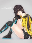  ankle_boots ass bangs black_gloves black_hair black_skirt boots cardigan character_name closed_eyes commentary_request eyebrows_visible_through_hair fingerless_gloves girls_frontline gloves grey_background hands_on_own_knee hood hooded_jacket jacket long_hair multicolored_hair off_shoulder olin_(nienxddd) open_mouth pleated_skirt ro635_(girls_frontline) shirt simple_background sitting skirt sleeping sleeping_upright solo streaked_hair thighhighs thighs twintails white_hair 
