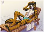  2018 4_toes 5_fingers anthro barefoot blue_eyes brown_fur digital_media_(artwork) fur kacey lying male nipples sabertooth_(disambiguation) smile solo teeth toes 