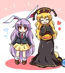  :d ? animal_ears bangs black_dress blonde_hair blush_stickers brown_footwear bunny_ears chain closed_eyes closed_mouth collared_shirt dress earth_(ornament) eyebrows_visible_through_hair full_body hat junko_(touhou) long_hair long_sleeves looking_at_viewer lowres multiple_girls open_mouth pleated_skirt pote_(ptkan) purple_hair red_eyes red_neckwear reisen_udongein_inaba shirt shoes sidelocks skirt smile socks standing sweat tabard touhou very_long_hair wavy_mouth white_legwear white_shirt wide_sleeves yellow_skirt 
