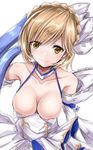  areola_slip areolae bangs bare_shoulders blonde_hair braid breasts breasts_apart brown_eyes closed_mouth collarbone commentary_request crown_braid detached_sleeves djeeta_(granblue_fantasy) dress elbow_gloves elysian_(granblue_fantasy) from_above gloves granblue_fantasy hair_ornament long_sleeves looking_at_viewer medium_breasts ribbon shimo_(depthbomb) shiny shiny_hair short_hair simple_background sketch smile solo white_background white_dress white_gloves 