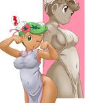  ;o bangs bare_arms blush_stickers breasts china_dress chinese_clothes commentary_request covered_navel covered_nipples dark_skin double_bun dress flower green_eyes green_hair greyscale groin hair_flower hair_ornament heart highres hips impossible_clothes mao_(pokemon) medium_breasts monochrome one_eye_closed open_mouth paw_pose pelvic_curtain pokemon pokemon_(anime) pokemon_sm_(anime) sideboob simple_background sleeveless sleeveless_dress smile solo_focus speech_bubble swept_bangs text_focus tof translated white_background 