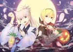  2boys alternate_costume animal_ears blonde_hair cape cat_ears cat_tail cherry_blossoms copyright_name fangs fire_emblem fire_emblem_if food fruit ghost grey_hair halloween halloween_costume happy_halloween highres japanese_clothes leaf leon_(fire_emblem_if) male_focus moon multiple_boys night night_sky orange_eyes petals pineapple popseacle pumpkin red_eyes sky tail takumi_(fire_emblem_if) teeth 