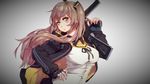  bangs black_gloves black_ribbon blurry blush breasts brown_eyes brown_hair commentary eyebrows_visible_through_hair fingerless_gloves girls_frontline gloves gun hair_between_eyes hair_ornament hand_on_hip holding holding_gun holding_weapon hood hooded_jacket jacket long_hair looking_at_viewer medium_breasts neck_ribbon one_side_up ren_huozhe ribbon scar scar_across_eye scarf side_ponytail sidelocks simple_background skirt smile strap submachine_gun twintails ump45_(girls_frontline) weapon yellow_eyes zipper 