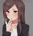  black_jacket blush brown_hair collarbone dorothy_(princess_principal) finger_licking fingernails grey_background jacket licking long_hair long_sleeves princess_principal purple_eyes saliva shirt simple_background solo sorimachi-doufu white_shirt 