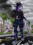  2018 5_fingers anthro clothed clothing day detailed_background digital_media_(artwork) female fin fish gloves gun hair holding_object holding_weapon marine outside purple_eyes purple_hair ranged_weapon shark sky solo tales_foxdale weapon 