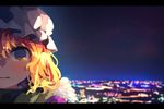  akaiha_(akaihasugk) blonde_hair blurry blurry_background cityscape face hat letterboxed looking_at_viewer maribel_hearn mob_cap night night_sky scenery short_hair sky solo star_(sky) starry_sky tears touhou yellow_eyes 