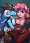  amber_eyes anthro audrarius bandanna blue_eyes breast_squish breasts cleavage clothed clothing cutlass dragon equine eye_patch eyewear friendship_is_magic horn horse jewelry mammal melee_weapon my_little_pony necklace piercing pinkie_pie_(mlp) pirate pirate_hat pony princess_ember_(mlp) sword weapon 
