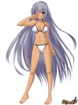  bikini breasts earrings end_breaker! jewelry large_breasts long_hair navel one_eye_closed purple_eyes silver_hair simple_background smile solo swimsuit tajima_yoshikazu very_long_hair white_background 