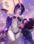  :d ass_visible_through_thighs backlighting bangs bare_shoulders blunt_bangs bob_cut bowl breasts cherry_blossoms collarbone cowboy_shot cup eyebrows_visible_through_hair eyeshadow falling_petals fangs fate/grand_order fate_(series) fingernails food fruit full_moon gem glint goqgoq grapes groin half-closed_eyes head_tilt headpiece highres holding holding_bowl horns japanese_clothes kimono leg_up light_rays long_sleeves looking_at_viewer makeup moon navel off_shoulder oni oni_horns open_clothes open_kimono open_mouth outdoors peach petals print_kimono purple_eyes purple_hair purple_kimono purple_sky revealing_clothes sakazuki short_eyebrows short_hair shuten_douji_(fate/grand_order) signature sky small_breasts smile solo standing stomach thigh_gap tree turtleneck white_skin yellow_moon 