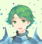  alm_(fire_emblem) armor artist_name circlet fire_emblem fire_emblem_echoes:_mou_hitori_no_eiyuuou green_background green_eyes green_hair highres male_focus open_mouth popseacle portrait simple_background star teeth 