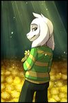  2015 anthro asriel_dreemurr biped black_border black_eyes border boss_monster caprine clothed clothing cub digital_drawing_(artwork) digital_media_(artwork) fangs floppy_ears flower fur green_clothing green_stripes green_topwear grey_bottomwear grey_clothing half-closed_eyes head_tuft holding_flower holding_object lighting looking_at_viewer looking_back male mammal pants plant portrait rear_view shadow skeleion smile solo standing striped_clothing stripes sunlight sweater three-quarter_portrait two_tone_clothing two_tone_topwear undertale video_games white_fur yellow_clothing yellow_stripes yellow_topwear young 