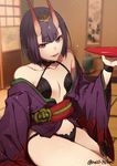  2f_sq alcohol bangs bare_shoulders blurry blurry_background bob_cut collarbone cup depth_of_field eyebrows_visible_through_hair fate/grand_order fate_(series) holding horns indoors japanese_clothes kimono long_sleeves looking_at_viewer obi off_shoulder oni oni_horns open_clothes open_kimono parted_lips purple_eyes purple_hair purple_kimono revealing_clothes sakazuki sake sash short_hair shuten_douji_(fate/grand_order) sitting smile solo thick_eyebrows twitter_username urn wide_sleeves 