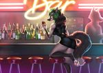  2018 4_toes anthro bar barefoot black_hair canine clothed clothing detailed_background digital_media_(artwork) digitigrade female green_hair hair hauringu holding_object mammal pawpads pink_pawpads smile solo toes 