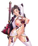  1girl breasts female fingering ideura_natsu large_breasts looking_at_viewer moaning motchie nipples no_bra no_panties pussy_juice shiny shiny_skin smile sweat taimanin_asagi_battle_arena weapon 