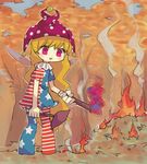  :d american_flag_dress american_flag_legwear autumn_leaves blonde_hair clownpiece commentary_request eyebrows_visible_through_hair fairy_wings fire forest hat holding jester_cap leaf long_hair nature open_mouth pantyhose purple_eyes sasa_kichi short_sleeves smile solo standing striped striped_legwear torch touhou triangle_mouth very_long_hair wings 