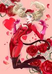  absurdres blonde_hair blue_eyes bodysuit boots breasts cleavage_cutout flower full_body gloves high_heel_boots high_heels highres ilohasvio long_hair looking_at_viewer mask medium_breasts persona persona_5 petals red_flower red_rose rose smile solo takamaki_anne thigh_boots thighhighs twintails 