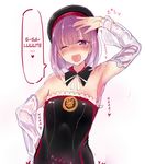  1girl ;d bare_shoulders beret blush detached_sleeves fafas68 fate/grand_order fate_(series) flat_chest hand_on_hip hard_translated hat helena_blavatsky_(fate/grand_order) looking_at_viewer one_eye_closed open_mouth purple_eyes purple_hair simple_background smile solo sweat teeth translated white_background 