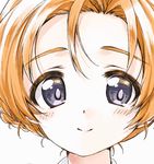  bangs blue_eyes braid close-up closed_mouth commentary face girls_und_panzer highres kuroi_mimei looking_at_viewer orange_hair orange_pekoe parted_bangs short_hair simple_background smile solo tied_hair twin_braids white_background 