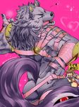  &lt;3 anthro armor bathym butt canine chikichiki0109 clothed clothing demon horn leather looking_back male mammal muscular muscular_male skimpy straps teasing teeth tokyo_afterschool_summoners tongue unconvincing_armor wolf 