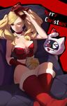  begreen blonde_hair blue_eyes boots breasts choker christmas cleavage earrings full_body gift gloves highres jewelry long_hair looking_at_viewer mask medium_breasts merry_christmas morgana_(persona_5) one_eye_closed persona persona_5 smile solo takamaki_anne twintails whip 